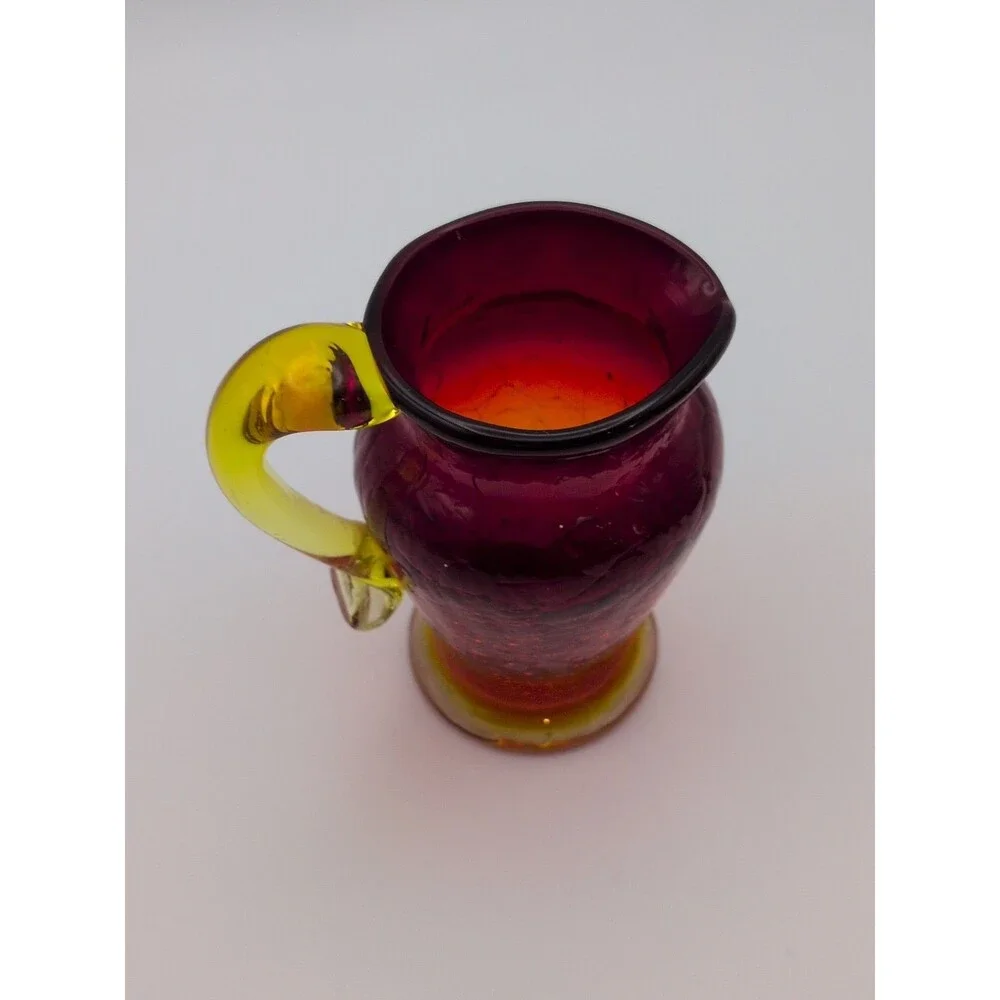 Amberina Crackle Glass Mini Pitcher With UV Reactive Glow & Yellow Handle Approx
